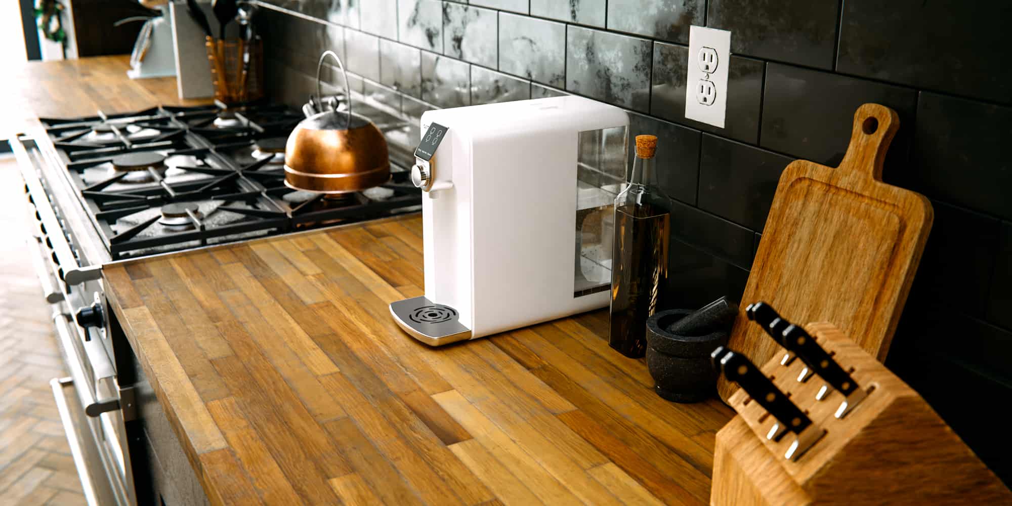 Countertop reverse osmosis system in a kitchen